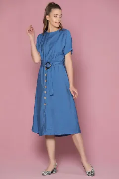 Düğme Detaylı Kemerli Elbise İndigo