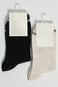 Düz Renk Sim Şeritli Kadın Uzun İkili Çorap Siyahbej