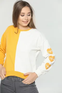 Renk Bloklu Crop Sweatshirt Hardal