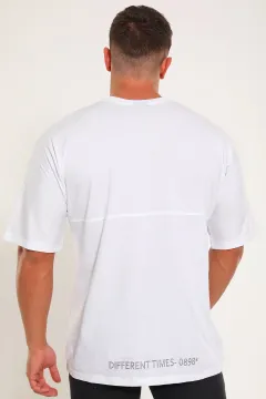 Erkek Bisiklet Yaka Baskılı Oversize T-shirt Beyaz