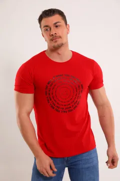 Erkek Bisiklet Yaka Baskılı T-shirt Kırmızı