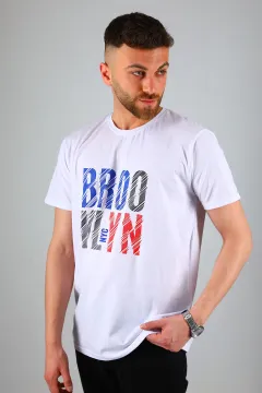 Erkek Bisiklet Yaka Brooklyn Baskılı T-shirt Beyazsaksmavisi