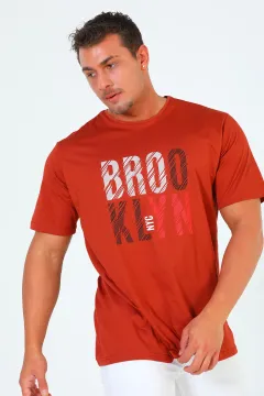 Erkek Bisiklet Yaka Brooklyn Baskılı T-shirt Kiremit