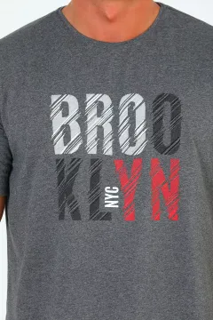 Erkek Bisiklet Yaka Brooklyn Baskılı T-shirt Koyugri