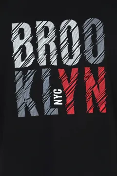 Erkek Bisiklet Yaka Brooklyn Baskılı T-shirt Siyah