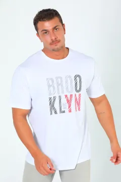 Erkek Bisiklet Yaka Brooklyn Baskılı T-shirt Beyaz
