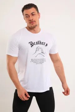 Erkek Bisiklet Yaka Brothers Baskılı T-shirt Beyaz