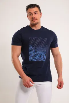 Erkek Bisiklet Yaka Ön Baskılı Likralı Salaş T-shirt Lacivert