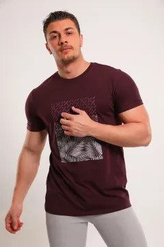 Erkek Bisiklet Yaka Ön Baskılı Likralı Salaş T-shirt Koyuvişne