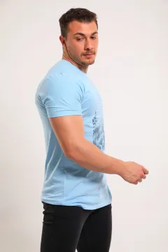 Erkek Bisiklet Yaka Ön Baskılı Likralı Salaş T-shirt Mavi
