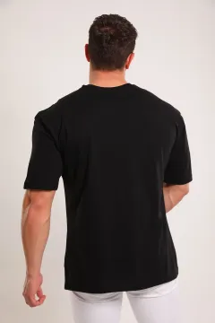 Erkek Bisiklet Yaka Ön Baskılı Oversize T-shirt Siyah