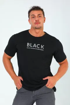 Erkek Bisiklet Yaka Ön Yazı Baskılı Likralı T-shirt Siyah