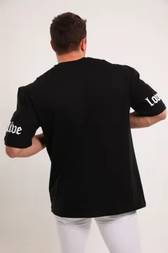 Erkek Bisiklet Yaka Oversize Nakışlı T-shirt Siyah