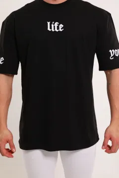 Erkek Bisiklet Yaka Oversize Nakışlı T-shirt Siyah