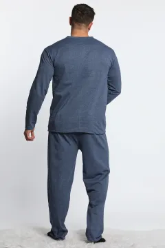 Erkek Bisiklet Yaka Şeritli Pijama Takımı Lacivert