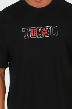 Erkek Bisiklet Yaka Tokyo Baskılı Salaş T-shirt Siyah