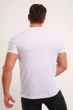 Erkek Bisiklet Yaka Yazı Baskılı Kendinden Desenli Salaş T-shirt Beyaz