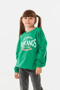 Kız Çocuk Baskılı Salaş Sweatshirt Yeşil