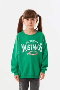 Kız Çocuk Baskılı Salaş Sweatshirt Yeşil
