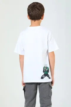 Erkek Çocuk Bisiklet Yaka Baskılı T-shirt Beyaz