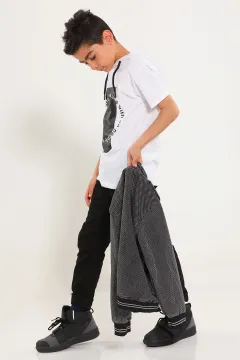 Erkek Çocuk Desenli T-shirt Ceket İkili Takım Siyah