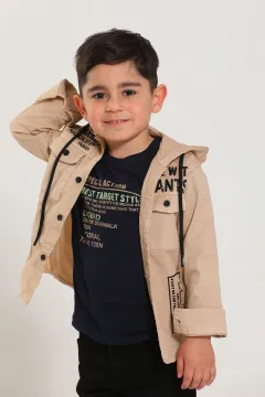 Erkek Çocuk Yazı Baskılı T-shirt Ceket İkili Takım Bej