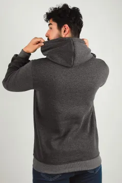 Erkek Kapüşonlu Baskılı Üç İplik Şardonlu Sweatshirt Antrasit