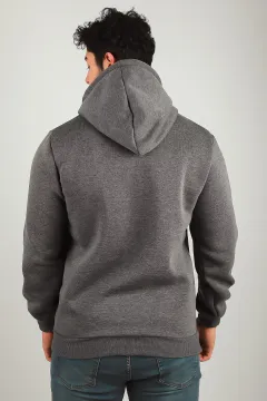 Erkek Kapüşonlu Baskılı Üç İplik Şardonlu Sweatshirt Antrasit