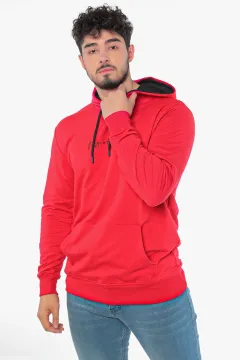 Erkek Kapüşonlu Baslıkı Sweatshirt Kırmızı