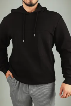 Erkek Kapüşonlu Cepli Sweatshirt Siyah