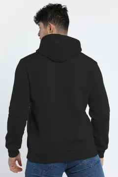 Erkek Kapüşonlu Üç İplik Şardonlu Sweatshirt Siyah