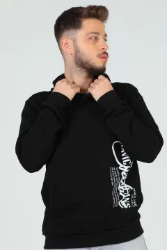 Erkek Kapüşonlu Baskılı Üç İplik Şardonlu Sweatshirt Siyah