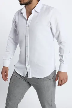 Erkek Kendinden Desenli Slimfit Gömlek Beyaz