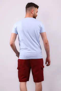 Erkek Likralı Bisiklet Yaka Basic T-shirt Kargo Cepli Şort İkili Takım Mavi