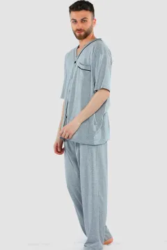 Erkek Ön Düğmeli Cep Detaylı Pijama Takımı Gri