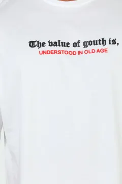 Erkek Ön Kabartmalı Yazı Baskılı Oversize T-shirt Beyaz