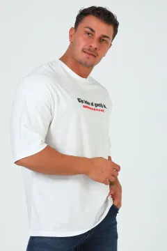 Erkek Ön Kabartmalı Yazı Baskılı Oversize T-shirt Beyaz