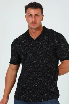 Erkek Polo Yaka Desenli Likralı T-shirt Siyah