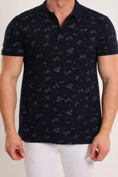 Erkek Polo Yaka Desenli Likralı T-shirt Lacivert