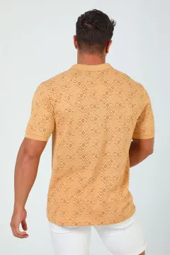 Erkek Polo Yaka Desenli Likralı T-shirt Açıkhardal