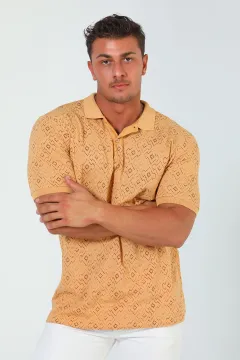 Erkek Polo Yaka Desenli Likralı T-shirt Açıkhardal