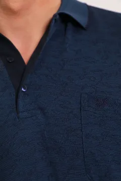 Erkek Polo Yaka Kendinden Desenli Büyük Beden T-shirt Lacivert