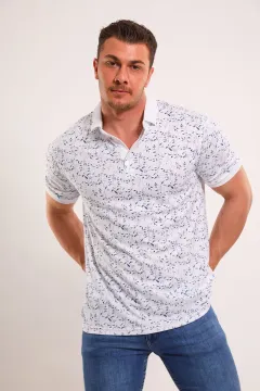Erkek Polo Yaka Kendinden Desenli Büyük Beden T-shirt Krem