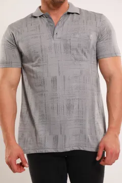 Erkek Polo Yaka Kendinden Desenli Büyük Beden T-shirt Gri