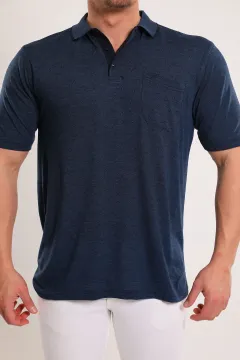 Erkek Polo Yaka Kendinden Desenli Büyük Beden T-shirt Lacivert