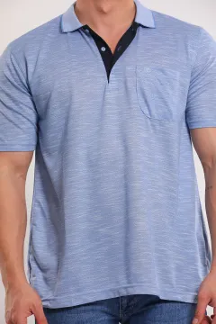 Erkek Polo Yaka Kendinden Desenli Büyük Beden T-shirt Mavi