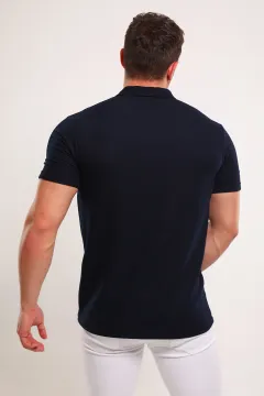 Erkek Polo Yaka Kendinden Desenli Likralı T-shirt Lacivert