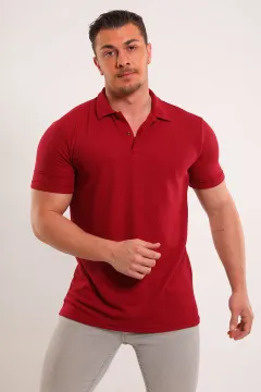 Erkek Polo Yaka Kendinden Desenli Likralı T-shirt Bordo