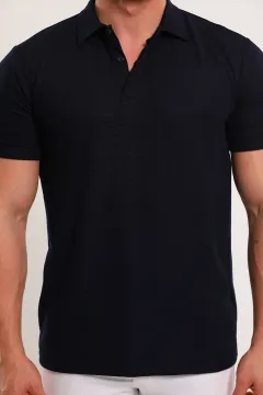 Erkek Polo Yaka Kendinden Desenli Likralı T-shirt Lacivert