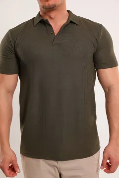 Erkek Polo Yaka Kendinden Desenli Likralı T-shirt Haki